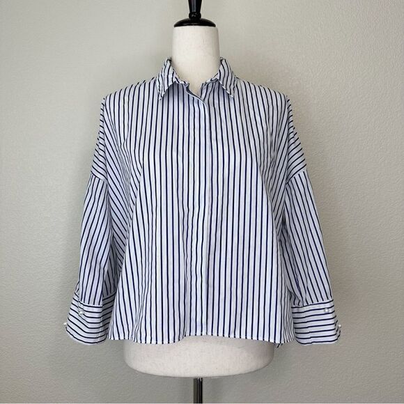 Zara Basic Collection Blue White Striped High-Low Button Down Shirt - Picture 1 of 13